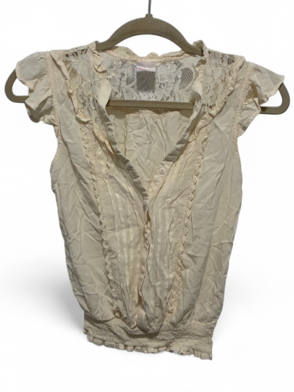 No Boundaries Cream Ruffle Lace V-Neck Smocked Hem Ruffle Sleeves Boho Top